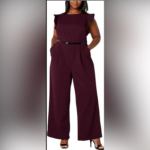 Calvin Klein Belted Ruffle-Sleeve Jumpsuit In Purple. - Picture 4 of 5